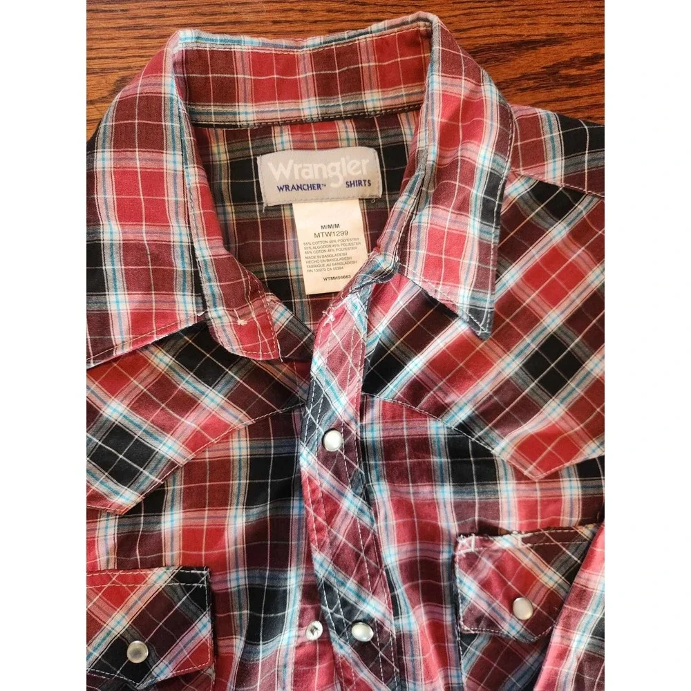 Wrangler Wrancher Shirt Mens M Red Plaid L/S Pearl Snap Flannel Pockets‎ Western